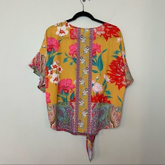 Umgee-floral Tie Front Button Down Short Sleeve (Small) - Picture 4 of 6